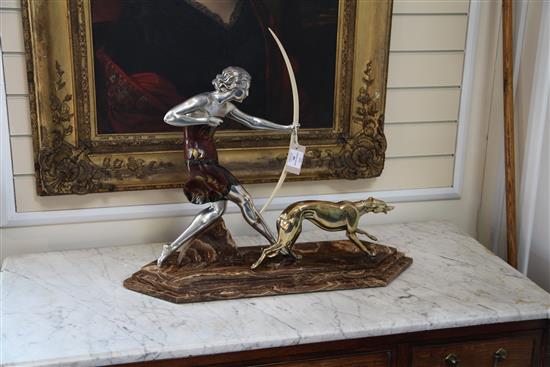 A French Art Deco silvered and painted model of a huntress, 23in.
